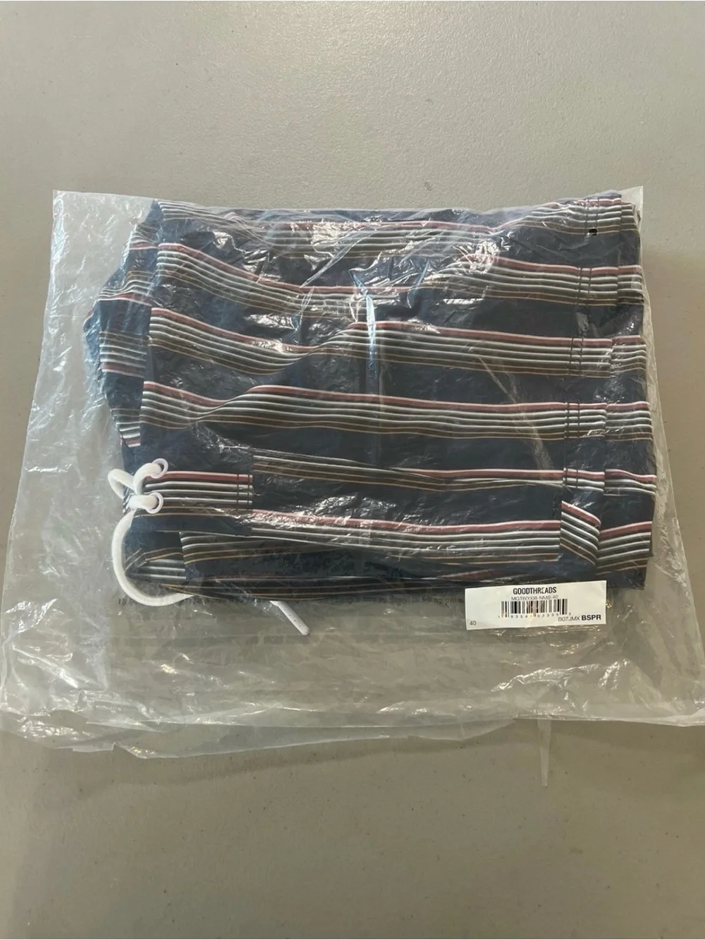 Men's Navy Striped Swim Trunks with Drawstring Size 40